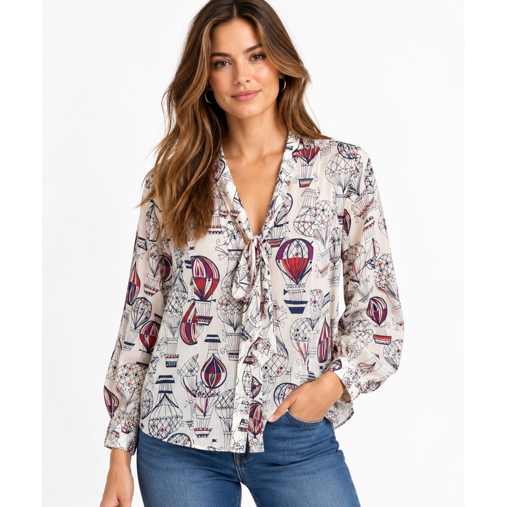 Conversations by Anthropologie 18 of 52 Hot Air Balloon Tie Neck Blouse Size 10
